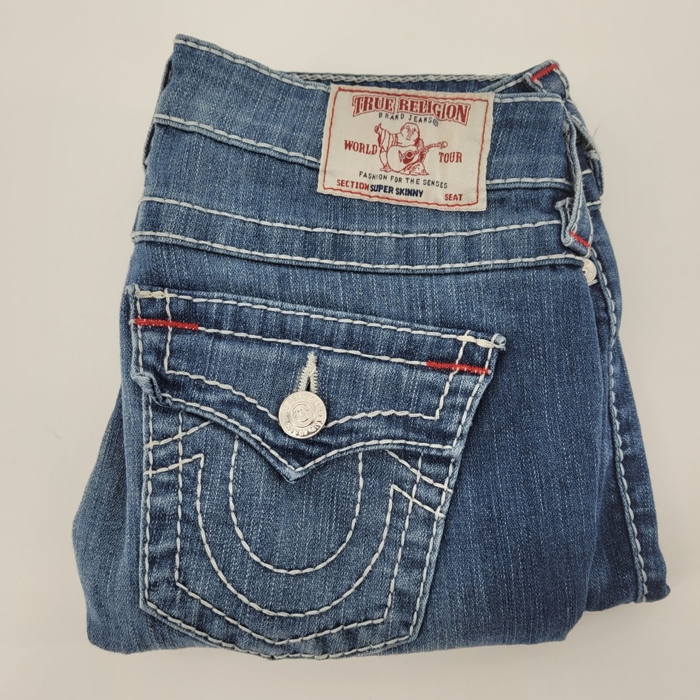 True Religion Super Skinny Jeans 27 Blue White Big T Stitch Denim Womens